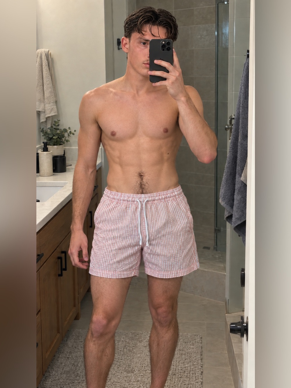 Men's Pink Seersucker Swim Shorts - Elastic Waist American Eagle size M